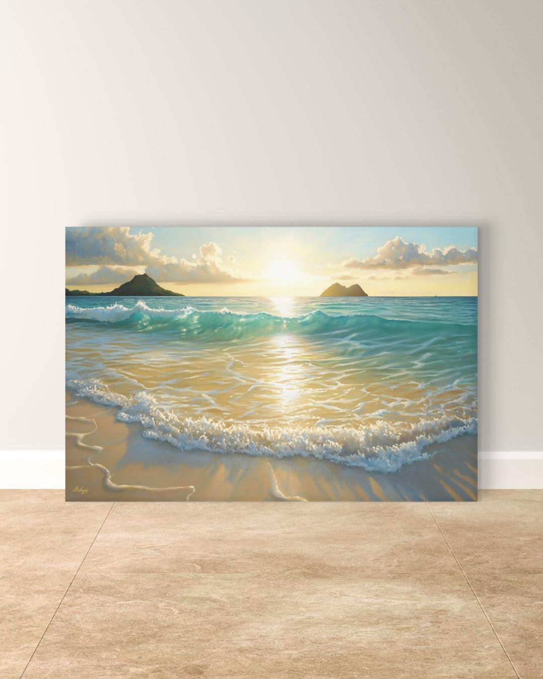 Lanikai Beach Sunrise Painting, Hawaii Ocean Wave Wall Art, Tropical Seascape Canvas for Living Room, Bedroom, or Coastal Home Decor