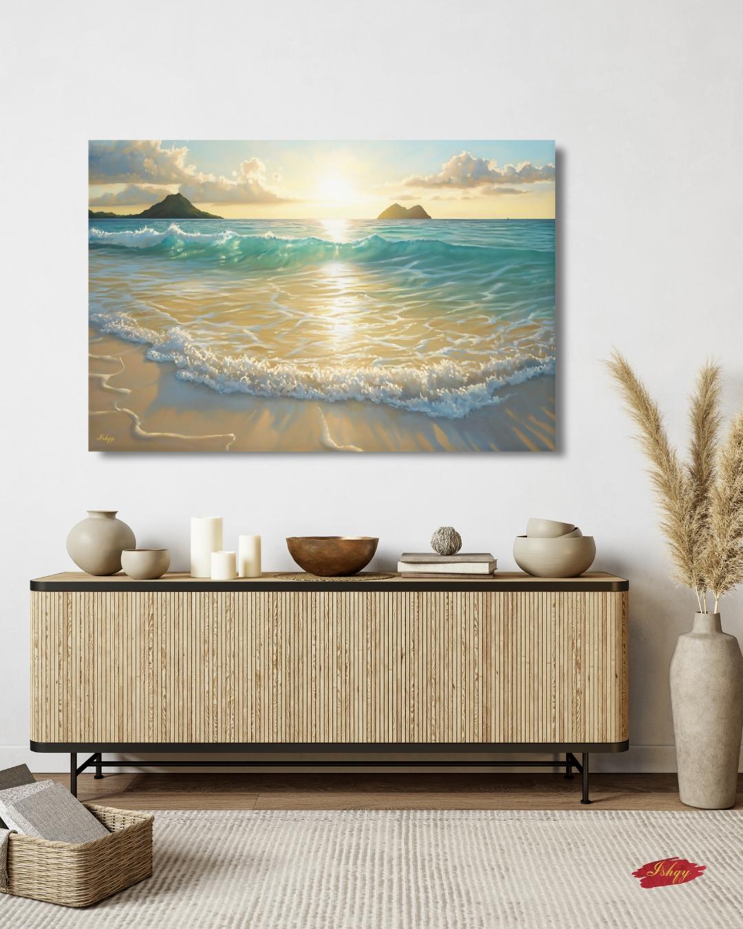 Lanikai Beach Sunrise Painting, Hawaii Ocean Wave Wall Art, Tropical Seascape Canvas for Living Room, Bedroom, or Coastal Home Decor