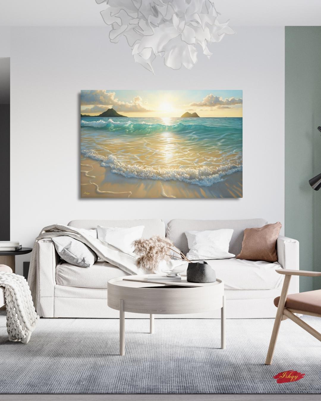 Lanikai Beach Sunrise Painting, Hawaii Ocean Wave Wall Art, Tropical Seascape Canvas for Living Room, Bedroom, or Coastal Home Decor