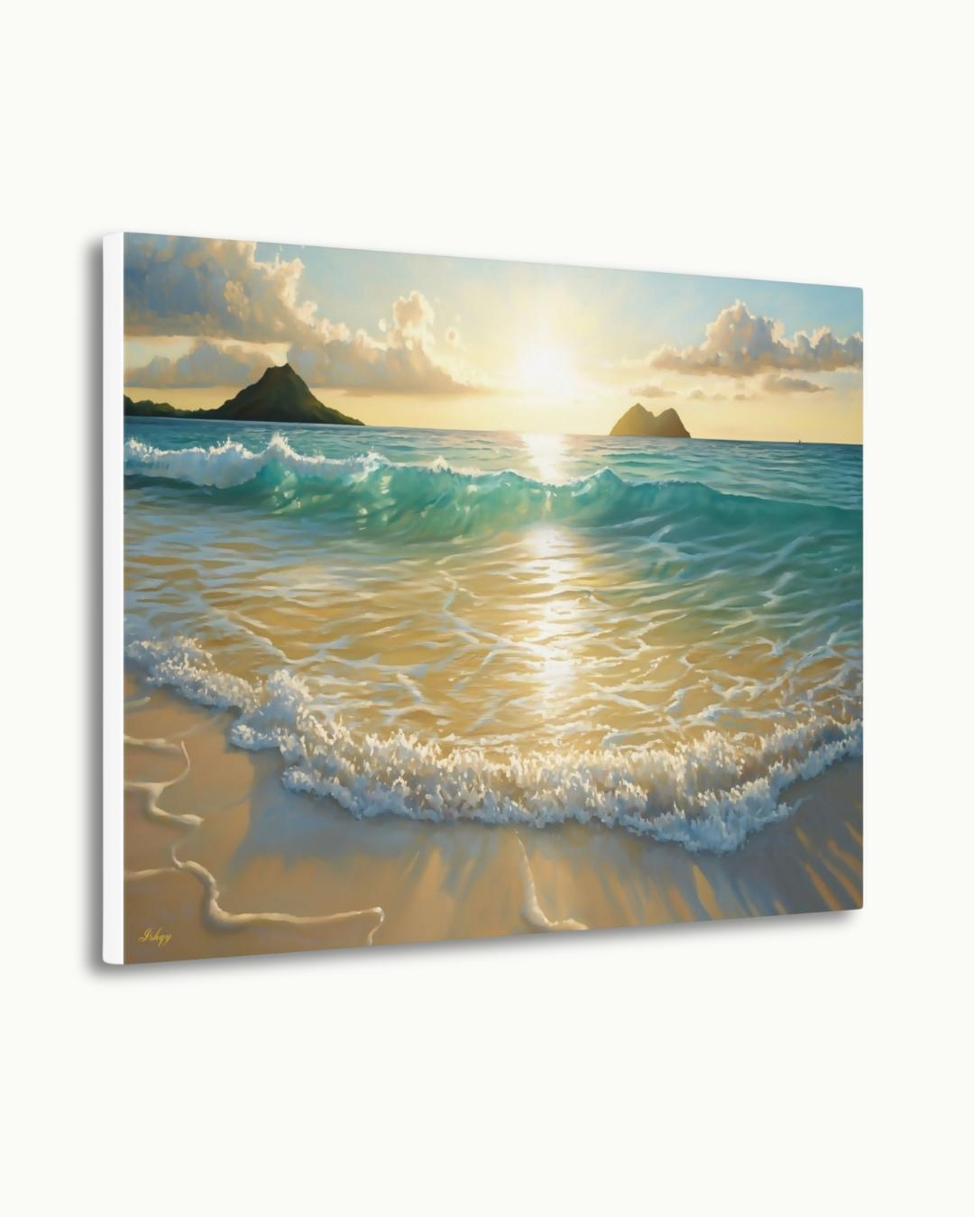 Lanikai Beach Sunrise Painting, Hawaii Ocean Wave Wall Art, Tropical Seascape Canvas for Living Room, Bedroom, or Coastal Home Decor