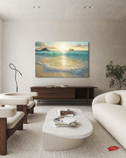 Lanikai Beach Sunrise Painting, Hawaii Ocean Wave Wall Art, Tropical Seascape Canvas for Living Room, Bedroom, or Coastal Home Decor