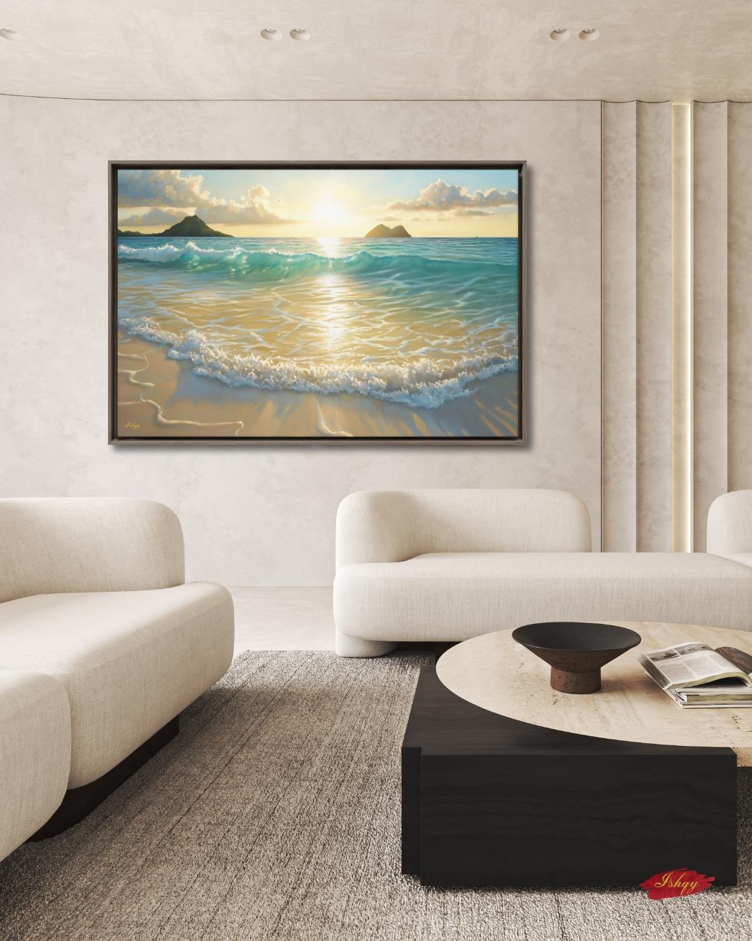 Lanikai Beach Sunrise Painting, Hawaii Ocean Wave Wall Art, Tropical Seascape Canvas for Living Room, Bedroom, or Coastal Home Decor