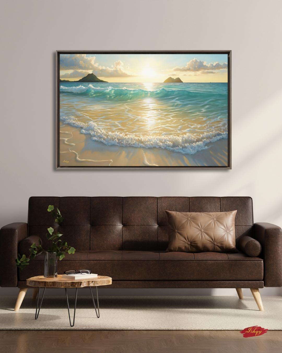 Lanikai Beach Sunrise Painting, Hawaii Ocean Wave Wall Art, Tropical Seascape Canvas for Living Room, Bedroom, or Coastal Home Decor