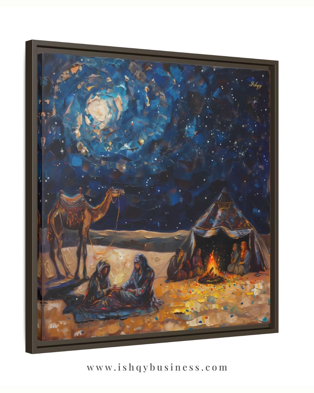 Desert Caravan Night Art Print, Bedouin Campfire Painting Print, Arabian Nomad Canvas Wall Decor, Starry Oasis Landscape, Boho Home Design