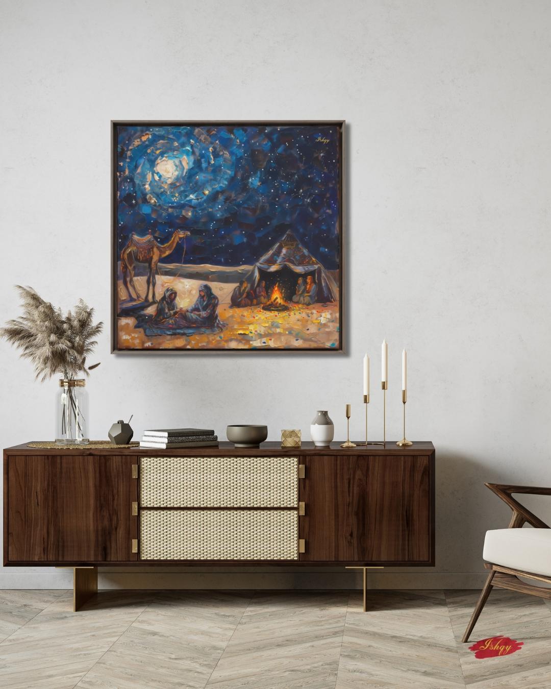 Desert Caravan Night Art Print, Bedouin Campfire Painting Print, Arabian Nomad Canvas Wall Decor, Starry Oasis Landscape, Boho Home Design