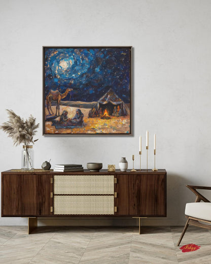 Desert Caravan Night Art Print, Bedouin Campfire Painting Print, Arabian Nomad Canvas Wall Decor, Starry Oasis Landscape, Boho Home Design