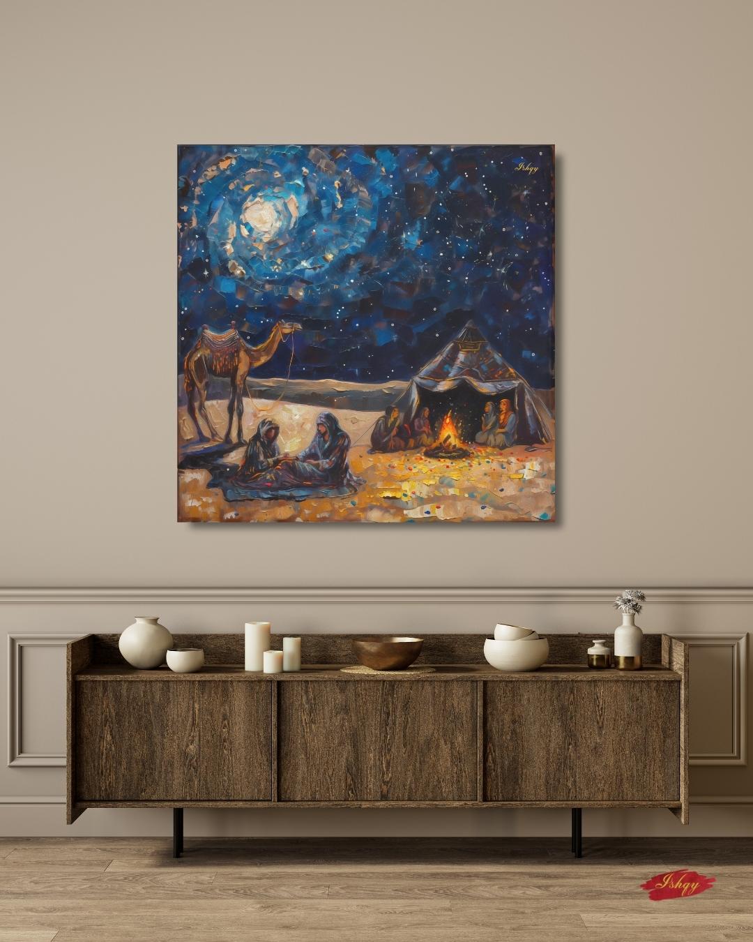 Desert Caravan Night Art Print, Bedouin Campfire Painting Print, Arabian Nomad Canvas Wall Decor, Starry Oasis Landscape, Boho Home Design