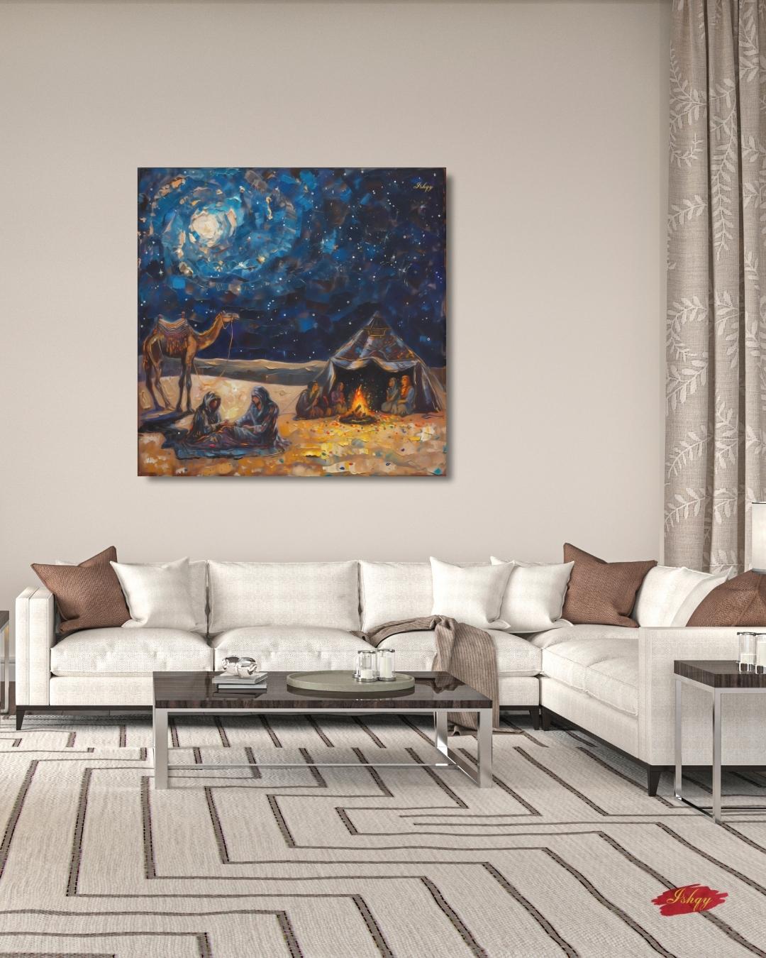 Desert Caravan Night Art Print, Bedouin Campfire Painting Print, Arabian Nomad Canvas Wall Decor, Starry Oasis Landscape, Boho Home Design