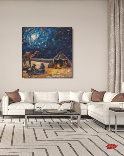 Desert Caravan Night Art Print, Bedouin Campfire Painting Print, Arabian Nomad Canvas Wall Decor, Starry Oasis Landscape, Boho Home Design