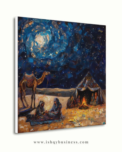Desert Caravan Night Art Print, Bedouin Campfire Painting Print, Arabian Nomad Canvas Wall Decor, Starry Oasis Landscape, Boho Home Design