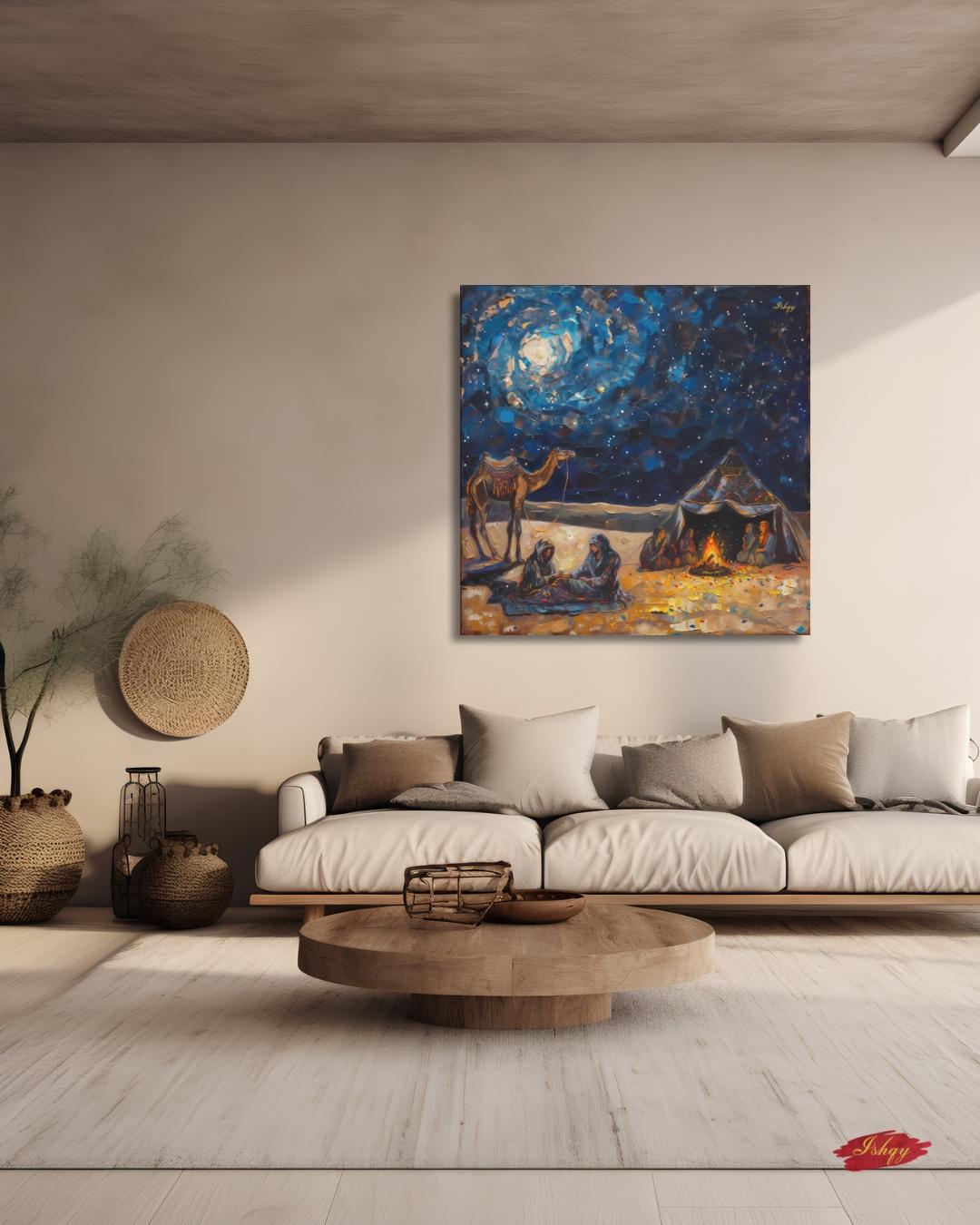 Desert Caravan Night Art Print, Bedouin Campfire Painting Print, Arabian Nomad Canvas Wall Decor, Starry Oasis Landscape, Boho Home Design