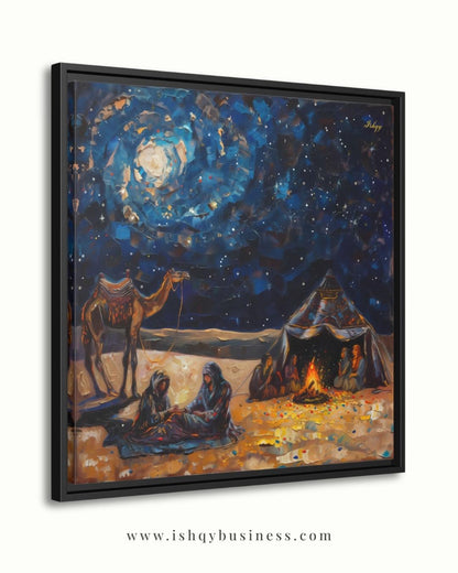 Desert Caravan Night Art Print, Bedouin Campfire Painting Print, Arabian Nomad Canvas Wall Decor, Starry Oasis Landscape, Boho Home Design