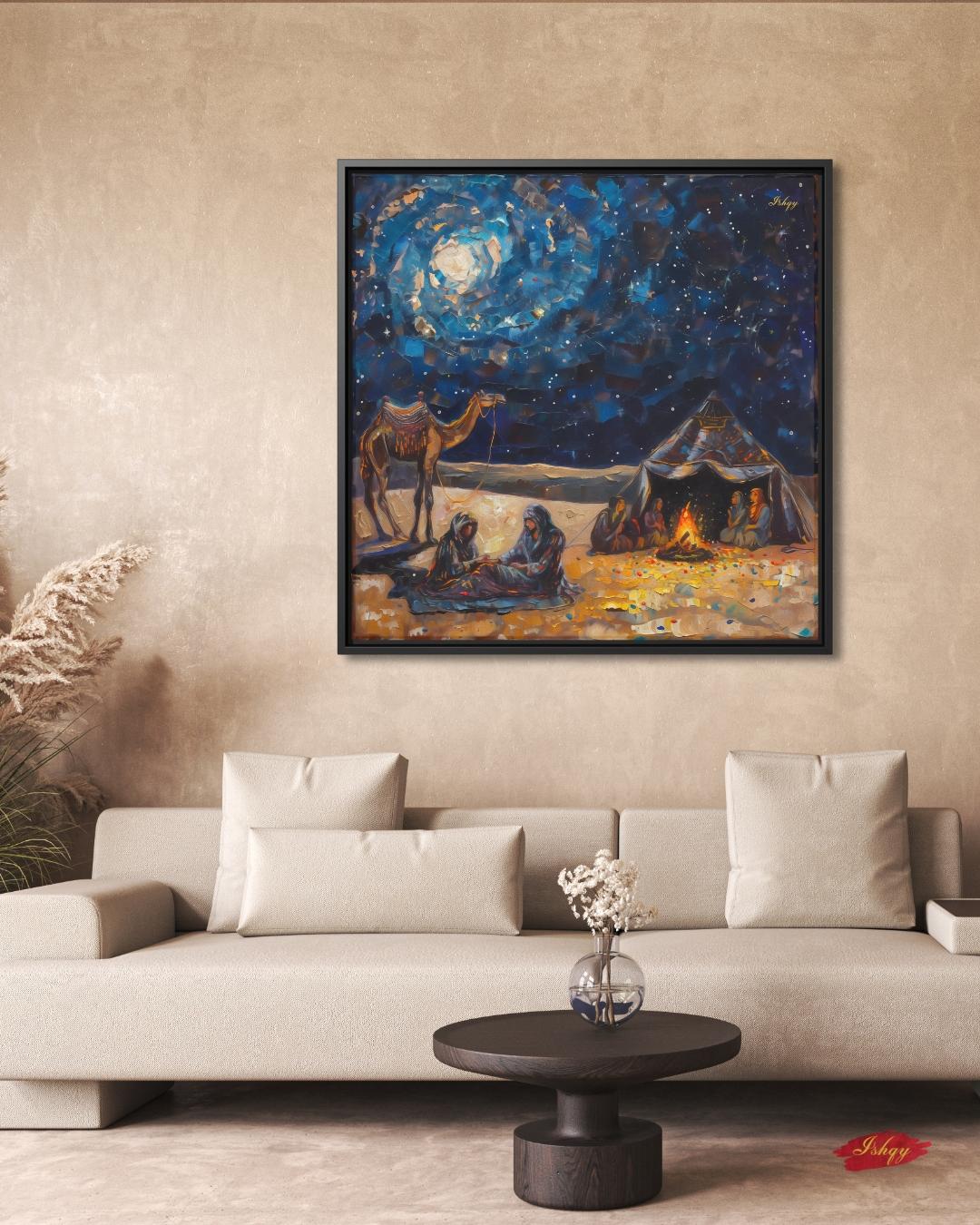 Desert Caravan Night Art Print, Bedouin Campfire Painting Print, Arabian Nomad Canvas Wall Decor, Starry Oasis Landscape, Boho Home Design