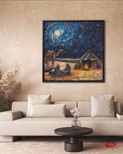 Desert Caravan Night Art Print, Bedouin Campfire Painting Print, Arabian Nomad Canvas Wall Decor, Starry Oasis Landscape, Boho Home Design