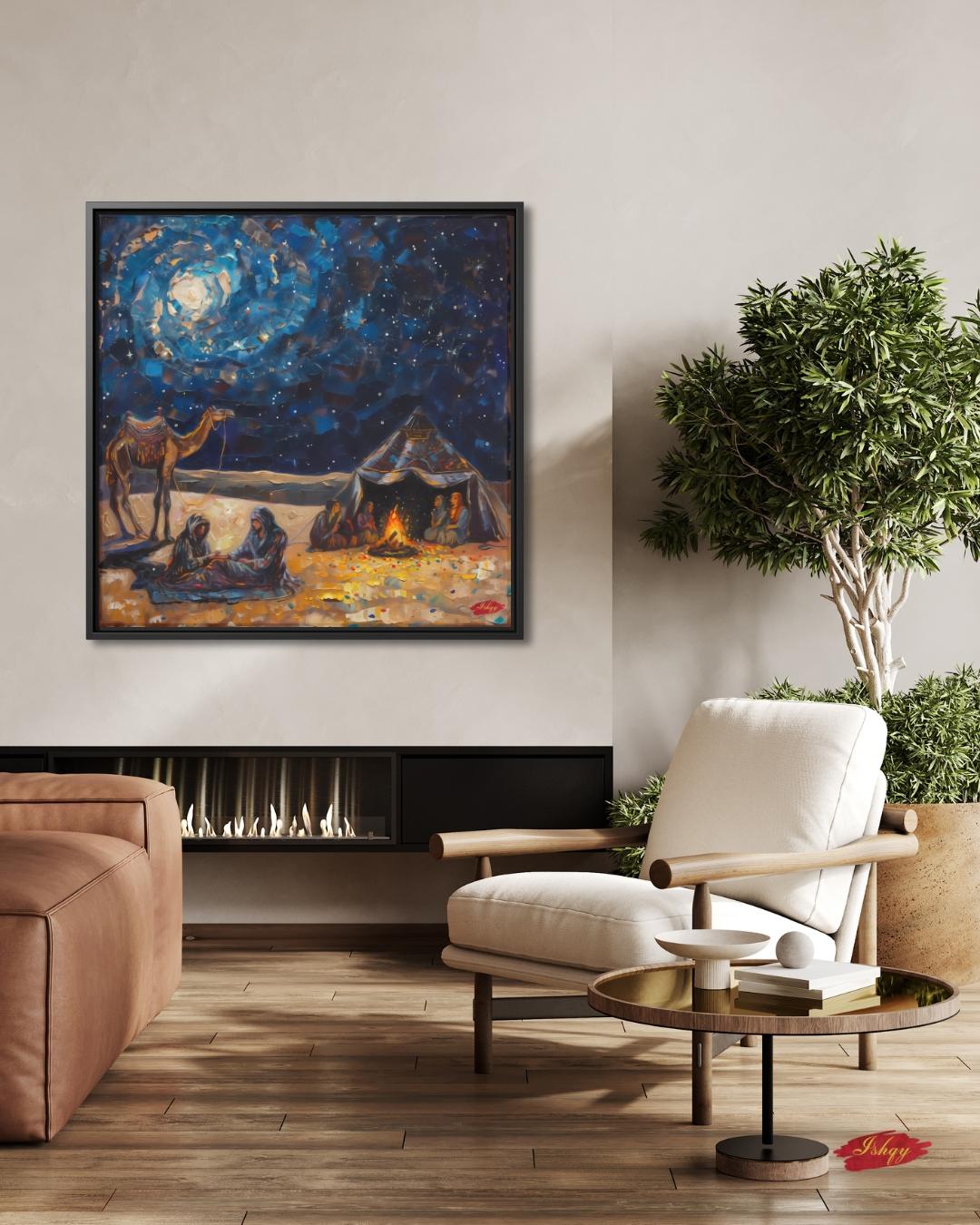 Desert Caravan Night Art Print, Bedouin Campfire Painting Print, Arabian Nomad Canvas Wall Decor, Starry Oasis Landscape, Boho Home Design