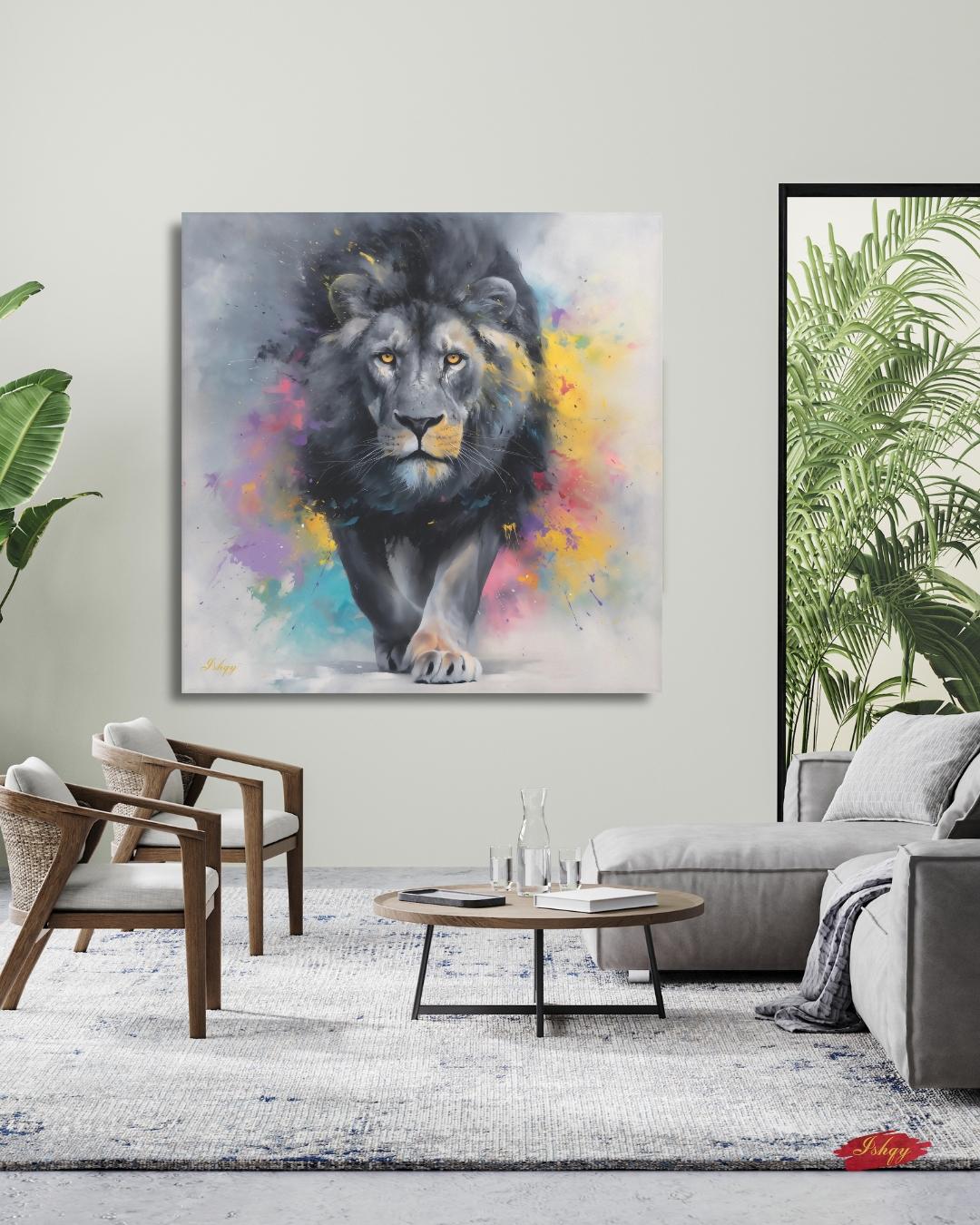 Lion Painting Print Canvas Framed Canvas, Colorful Abstract Lion Art, Modern Safari Animal Wall Art For Living Room Bedroom Office Decor