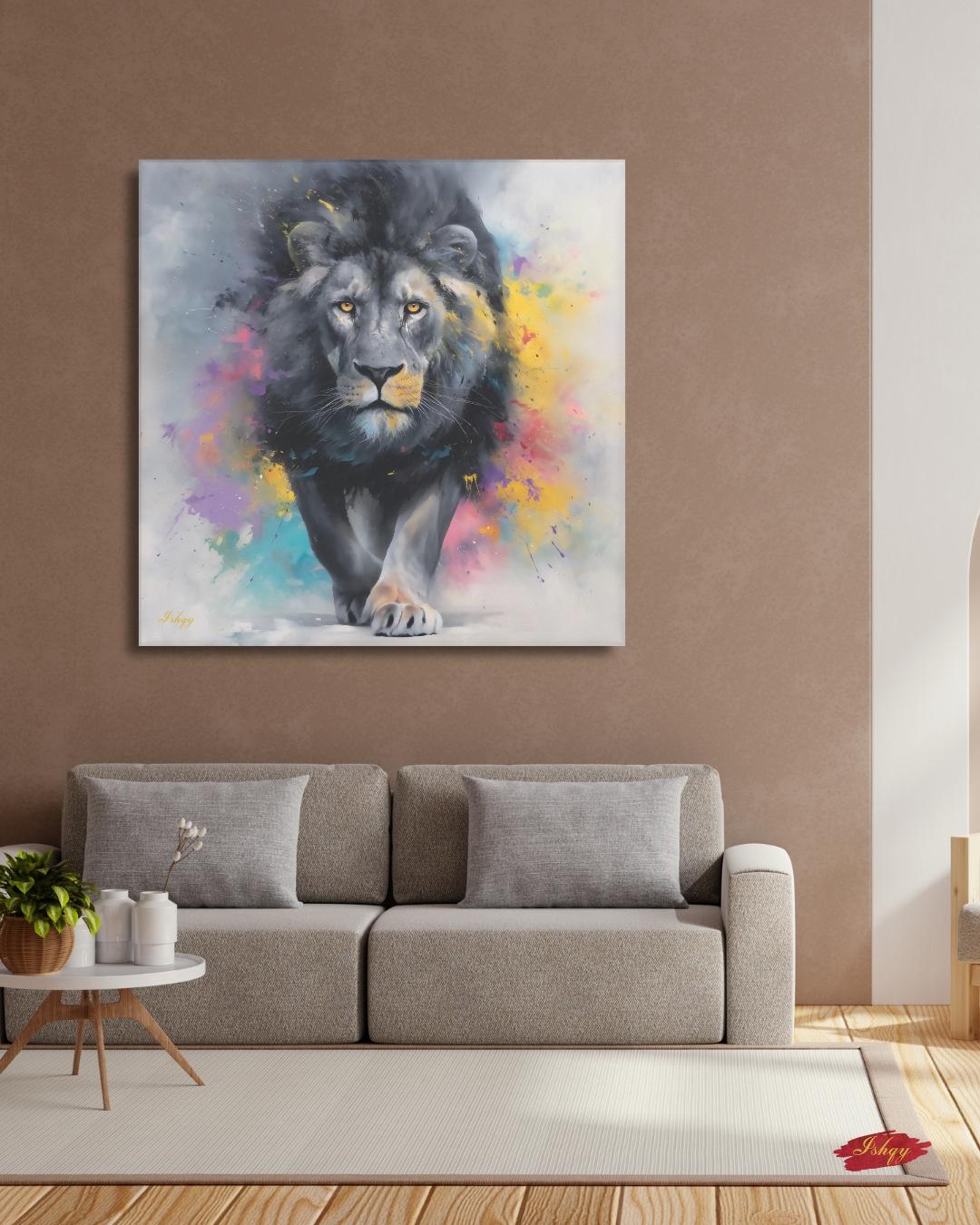 Lion Painting Print Canvas Framed Canvas, Colorful Abstract Lion Art, Modern Safari Animal Wall Art For Living Room Bedroom Office Decor