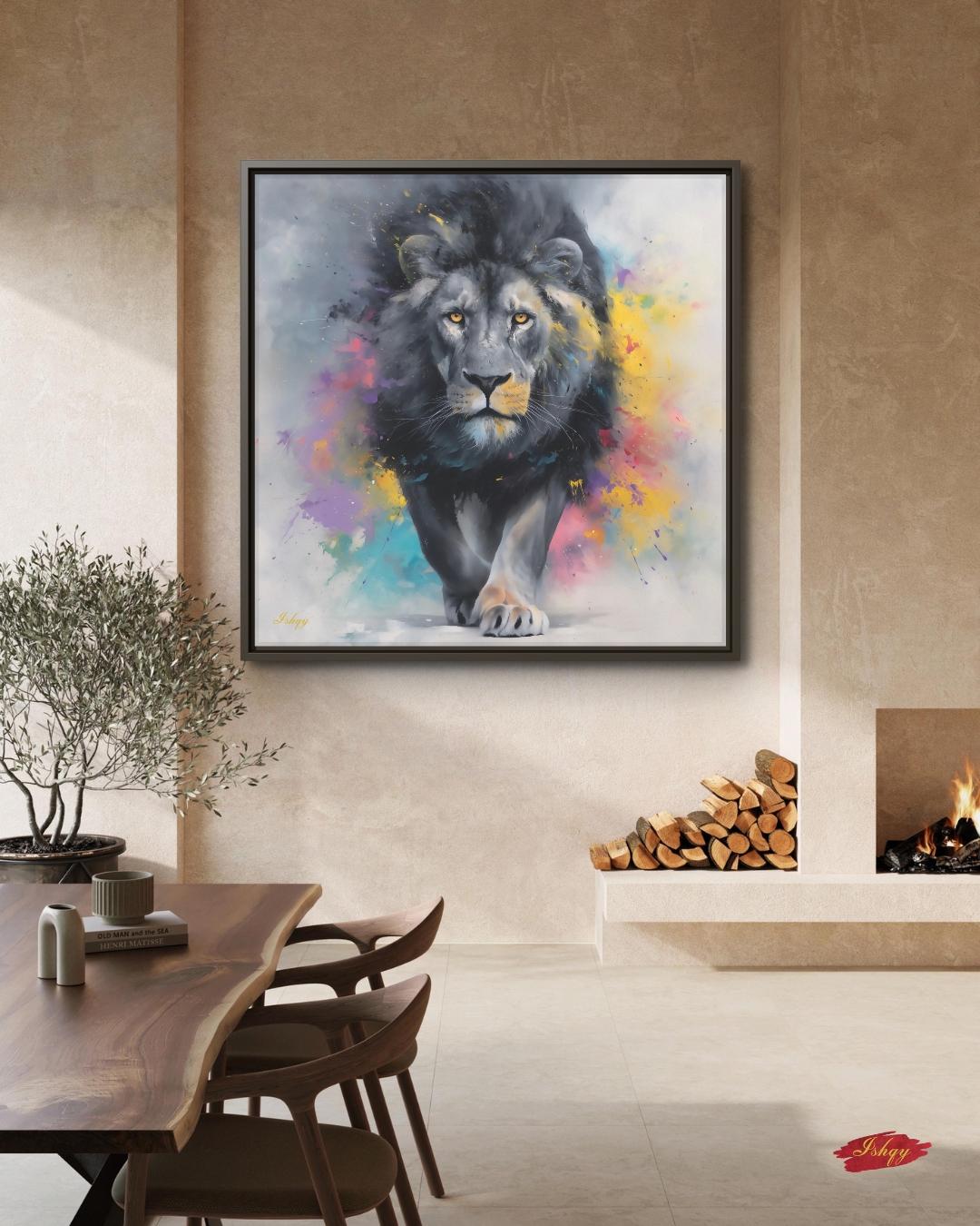 Lion Painting Print Canvas Framed Canvas, Colorful Abstract Lion Art, Modern Safari Animal Wall Art For Living Room Bedroom Office Decor