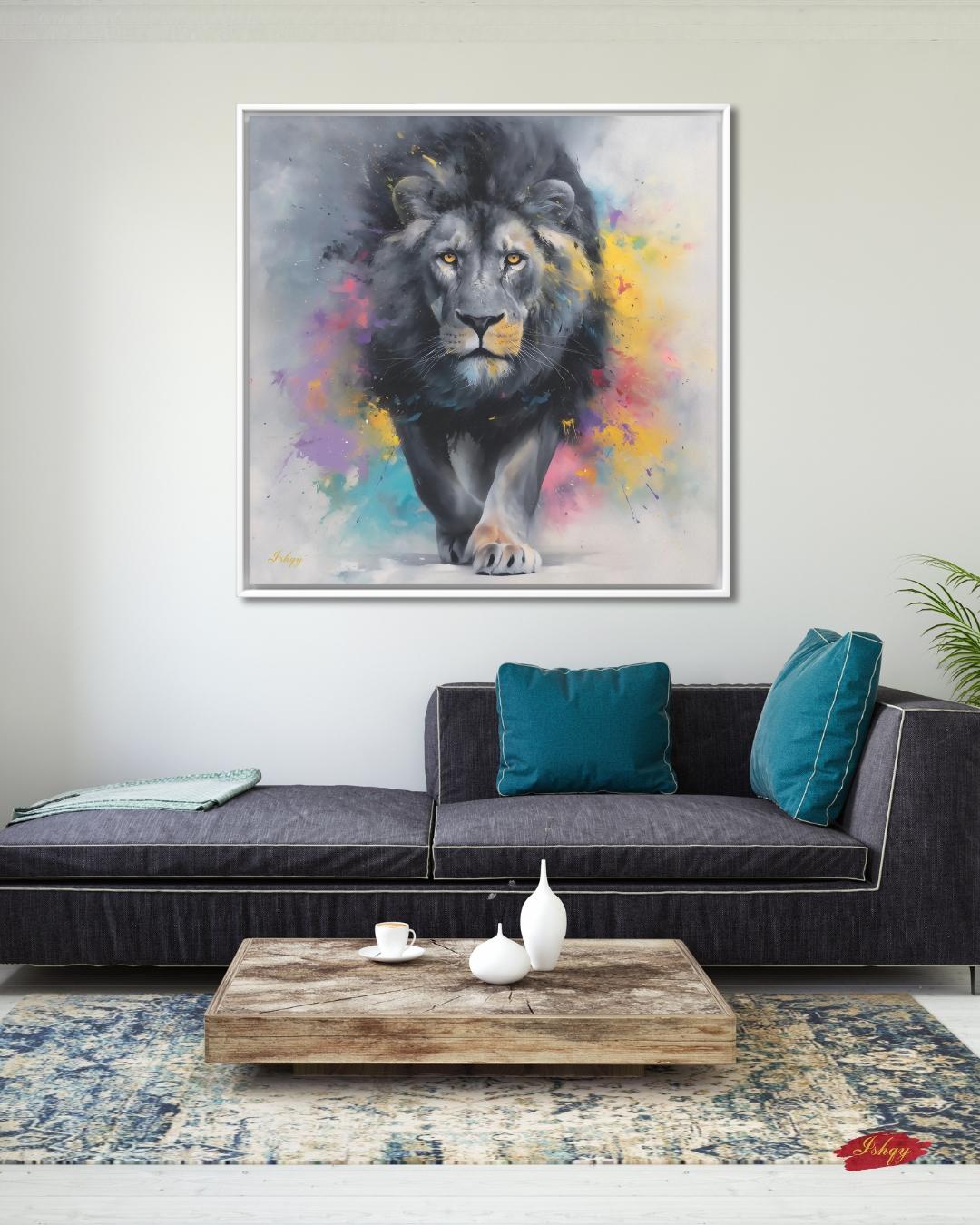 Lion Painting Print Canvas Framed Canvas, Colorful Abstract Lion Art, Modern Safari Animal Wall Art For Living Room Bedroom Office Decor