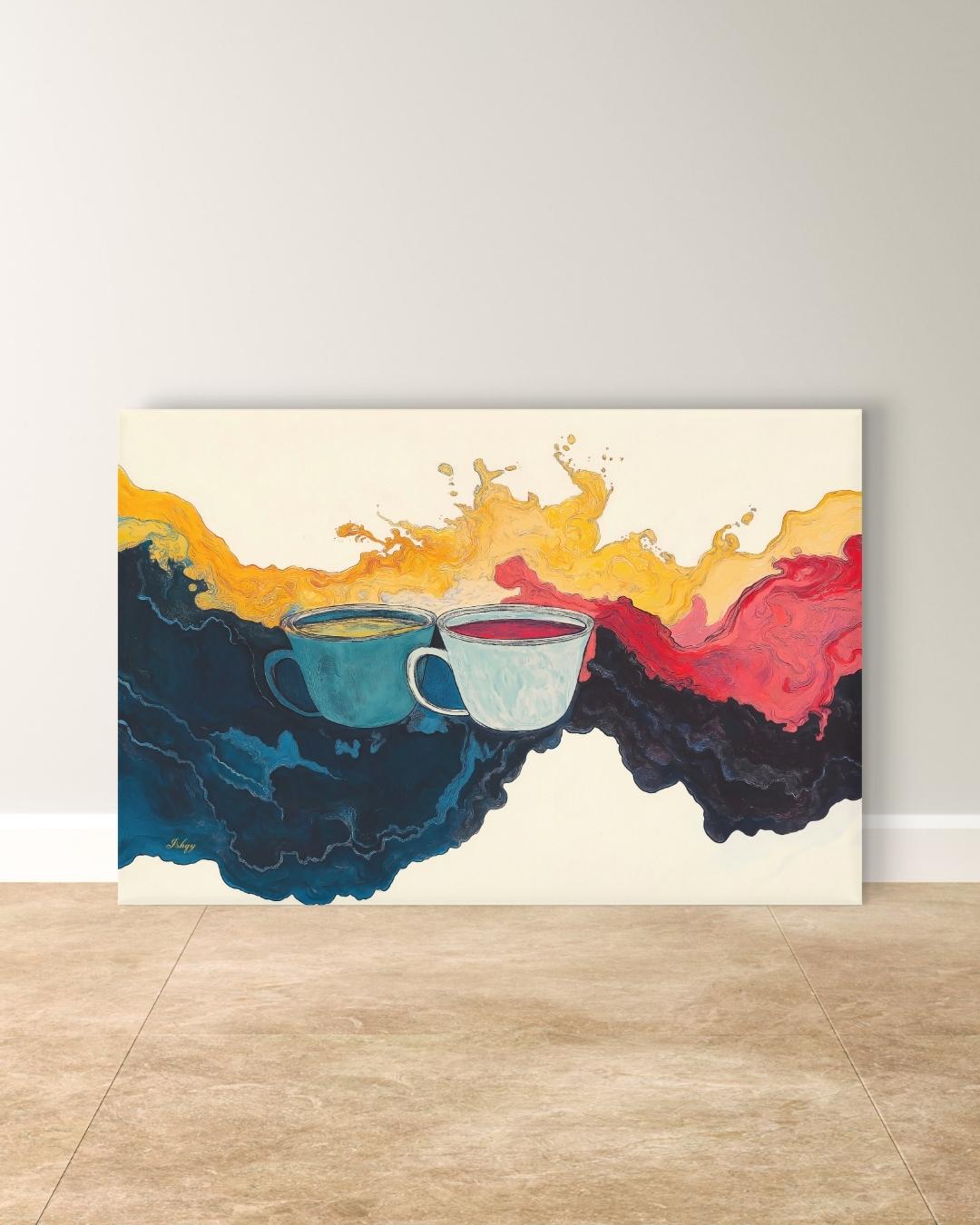 Abstract Coffee Art Splash Painting, Modern Kitchen Wall Decor, Colorful Tea Cups Canvas, Vibrant Home Art Print, Cafe Artwork