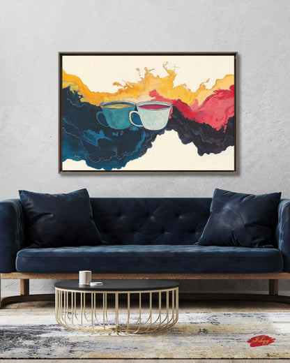 Abstract Coffee Art Splash Painting, Modern Kitchen Wall Decor, Colorful Tea Cups Canvas, Vibrant Home Art Print, Cafe Artwork