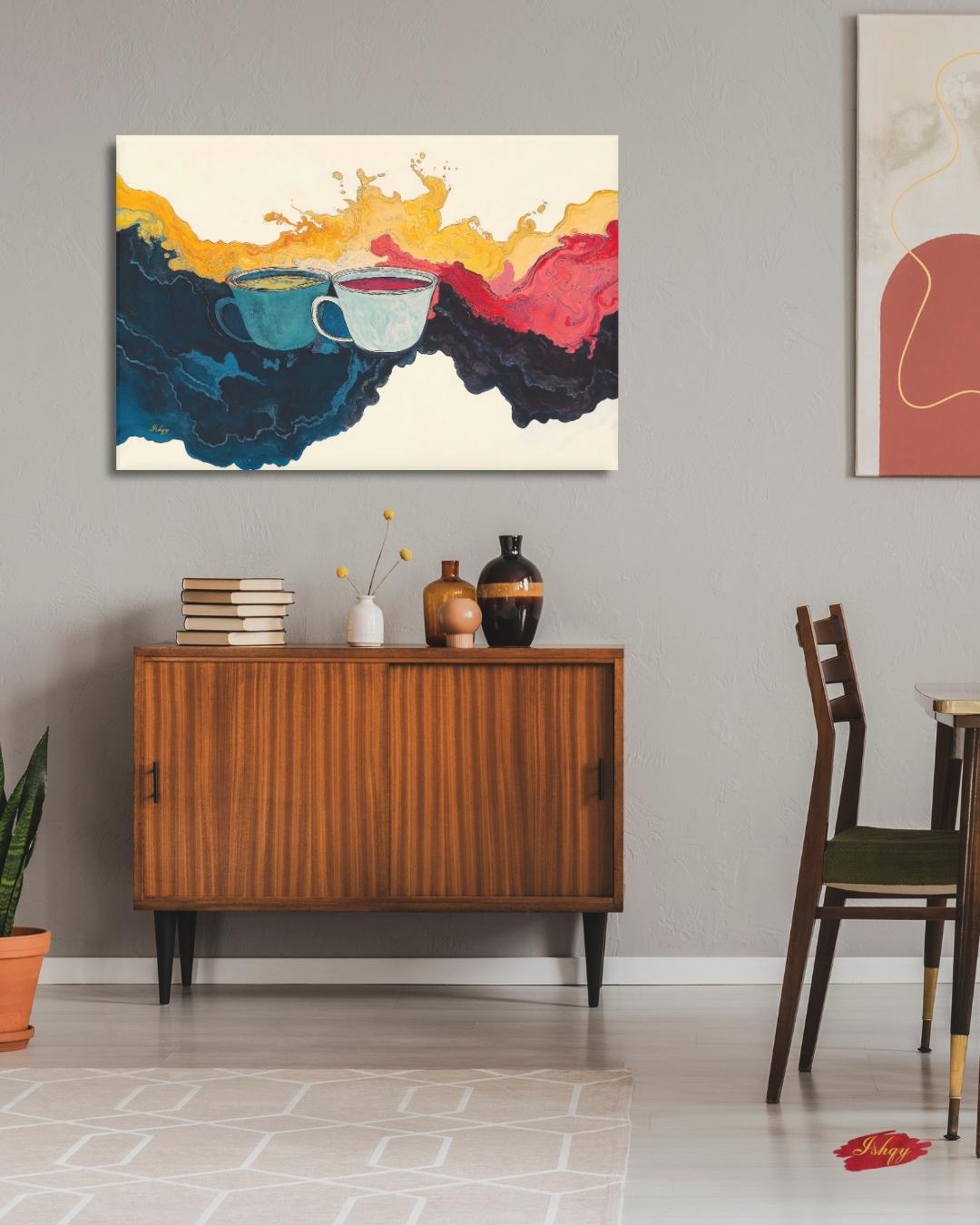 Abstract Coffee Art Splash Painting, Modern Kitchen Wall Decor, Colorful Tea Cups Canvas, Vibrant Home Art Print, Cafe Artwork