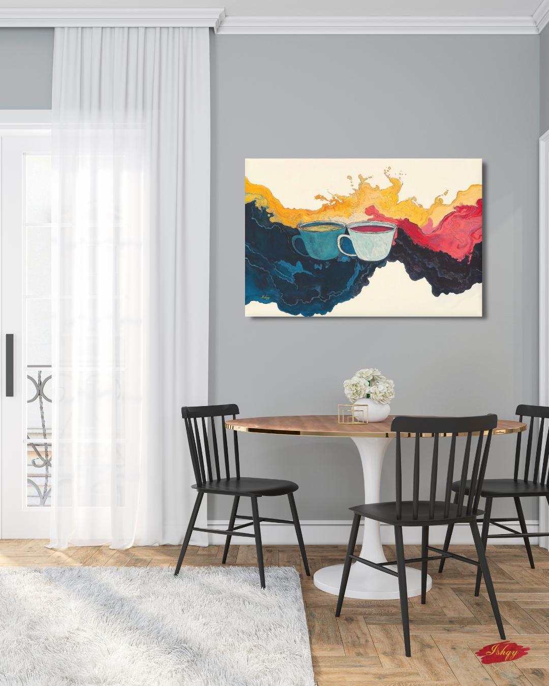 Abstract Coffee Art Splash Painting, Modern Kitchen Wall Decor, Colorful Tea Cups Canvas, Vibrant Home Art Print, Cafe Artwork