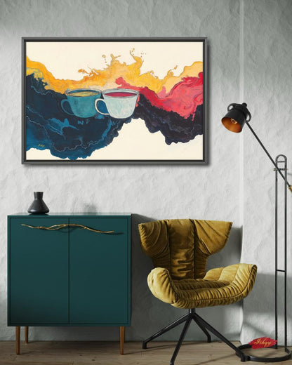 Abstract Coffee Art Splash Painting, Modern Kitchen Wall Decor, Colorful Tea Cups Canvas, Vibrant Home Art Print, Cafe Artwork