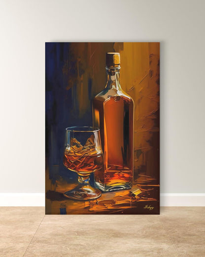 Whiskey Still Life Wall Art, Amber Bourbon Bottle Painting, Modern Bar Canvas, Classic Drink Artwork for Home Bar Living Room Decor