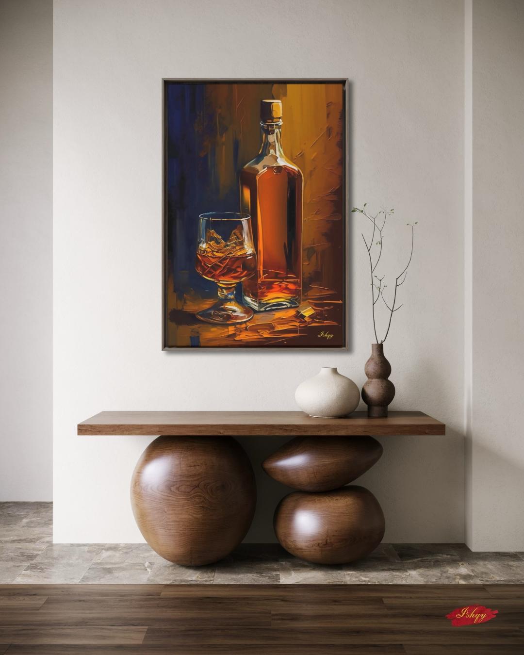 Whiskey Still Life Wall Art, Amber Bourbon Bottle Painting, Modern Bar Canvas, Classic Drink Artwork for Home Bar Living Room Decor