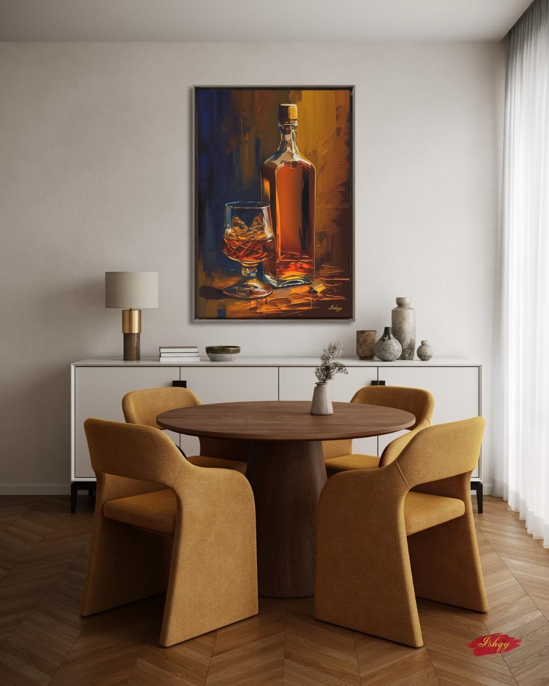 Whiskey Still Life Wall Art, Amber Bourbon Bottle Painting, Modern Bar Canvas, Classic Drink Artwork for Home Bar Living Room Decor