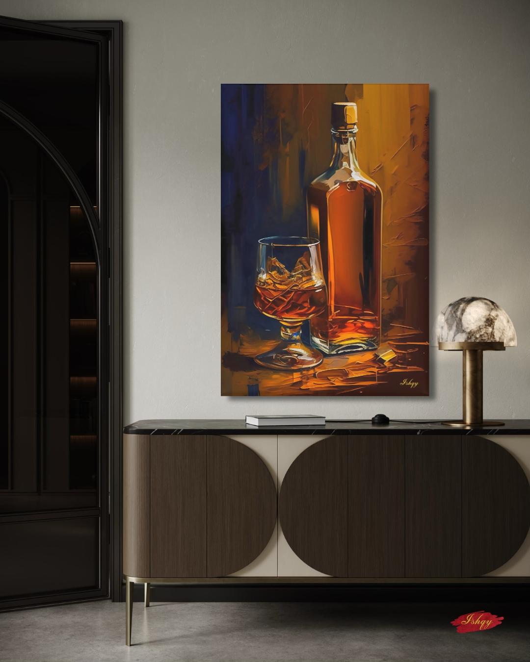 Whiskey Still Life Wall Art, Amber Bourbon Bottle Painting, Modern Bar Canvas, Classic Drink Artwork for Home Bar Living Room Decor