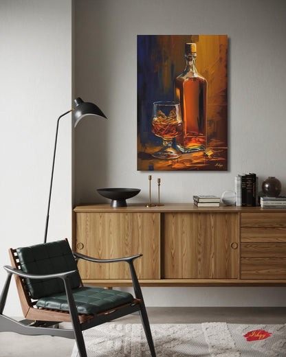 Whiskey Still Life Wall Art, Amber Bourbon Bottle Painting, Modern Bar Canvas, Classic Drink Artwork for Home Bar Living Room Decor