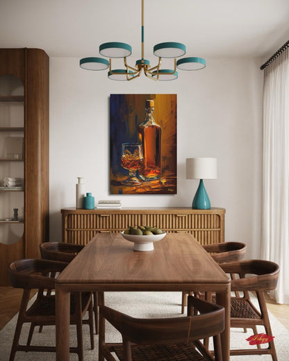 Whiskey Still Life Wall Art, Amber Bourbon Bottle Painting, Modern Bar Canvas, Classic Drink Artwork for Home Bar Living Room Decor