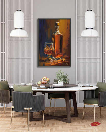 Whiskey Still Life Wall Art, Amber Bourbon Bottle Painting, Modern Bar Canvas, Classic Drink Artwork for Home Bar Living Room Decor