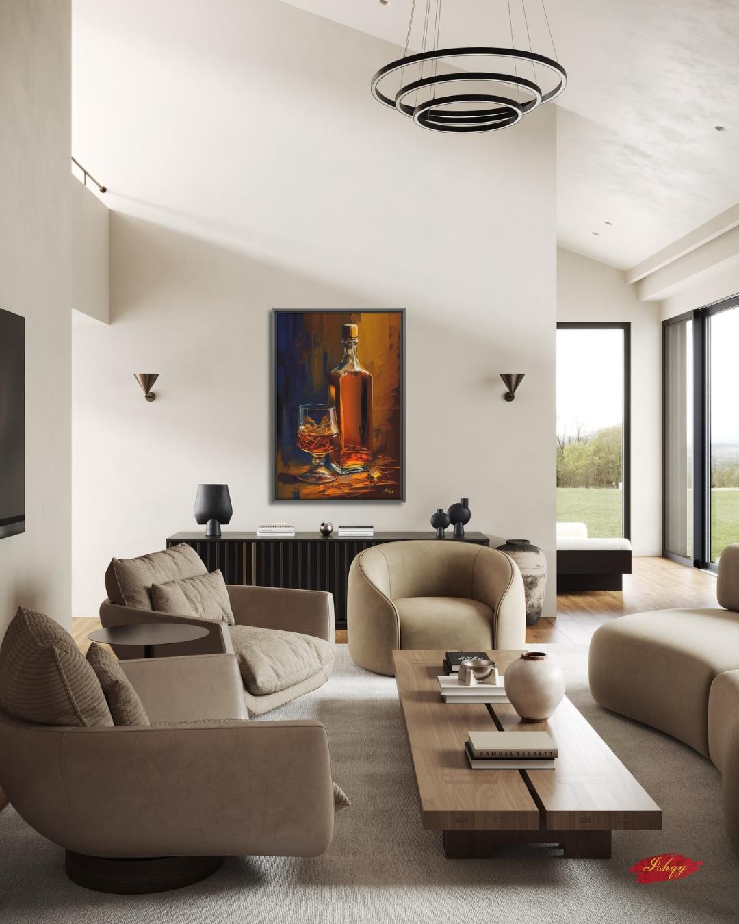 Whiskey Still Life Wall Art, Amber Bourbon Bottle Painting, Modern Bar Canvas, Classic Drink Artwork for Home Bar Living Room Decor