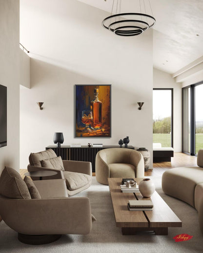 Whiskey Still Life Wall Art, Amber Bourbon Bottle Painting, Modern Bar Canvas, Classic Drink Artwork for Home Bar Living Room Decor