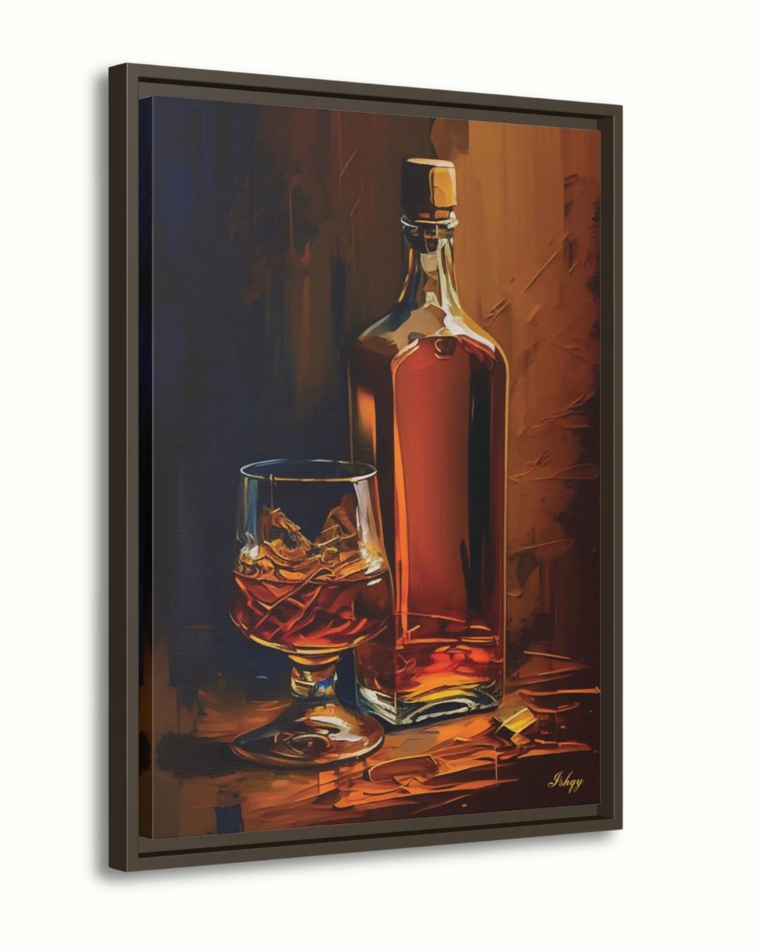 Whiskey Still Life Wall Art, Amber Bourbon Bottle Painting, Modern Bar Canvas, Classic Drink Artwork for Home Bar Living Room Decor