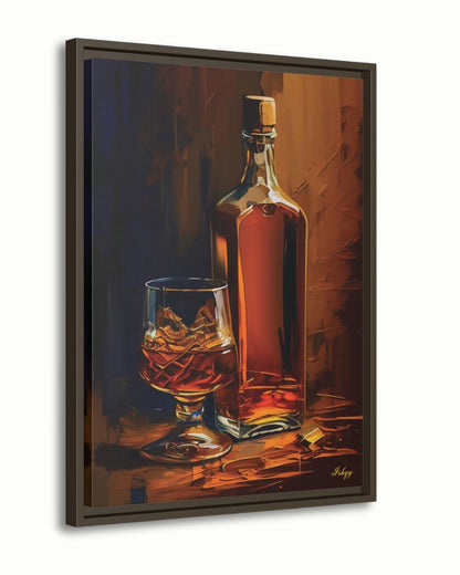 Whiskey Still Life Wall Art, Amber Bourbon Bottle Painting, Modern Bar Canvas, Classic Drink Artwork for Home Bar Living Room Decor