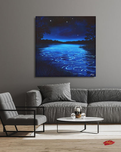 Vieques Bay Bioluminescent Night, Puerto Rico Ocean Wall Art, Blue Water Canvas Print, Coastal Home Decor, Tropical Beach Artwork
