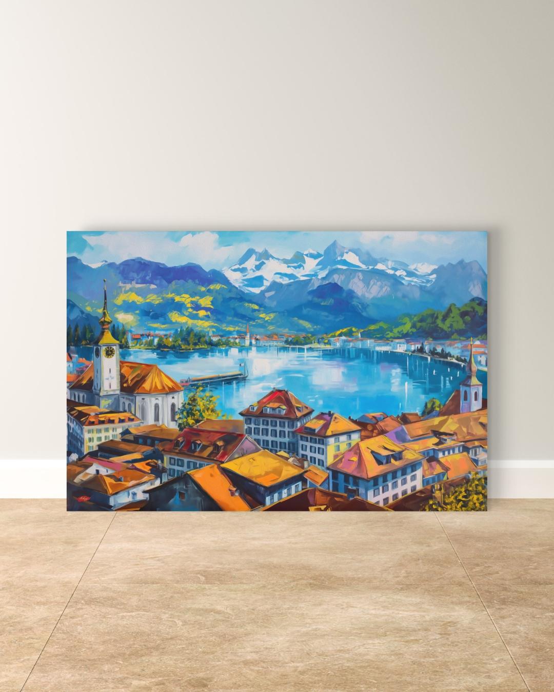 Lucerne Switzerland Cityscape Painting Canvas Framed Canvas, Lake Lucerne Art Print, Swiss Alps Large Wall Art For Living Room Office Decor