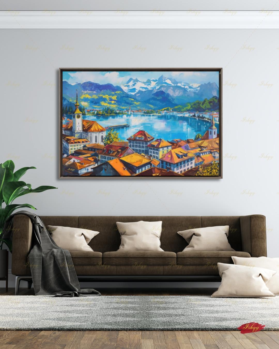 Lucerne Wall Art, Switzerland Lake Canvas Print, Swiss Alps Cityscape Decor, Europe Travel Art, Colorful Rooftop Framed Canvas Gift