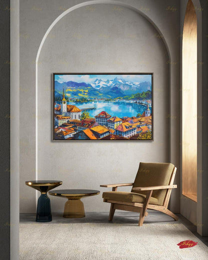 Lucerne Wall Art, Switzerland Lake Canvas Print, Swiss Alps Cityscape Decor, Europe Travel Art, Colorful Rooftop Framed Canvas Gift