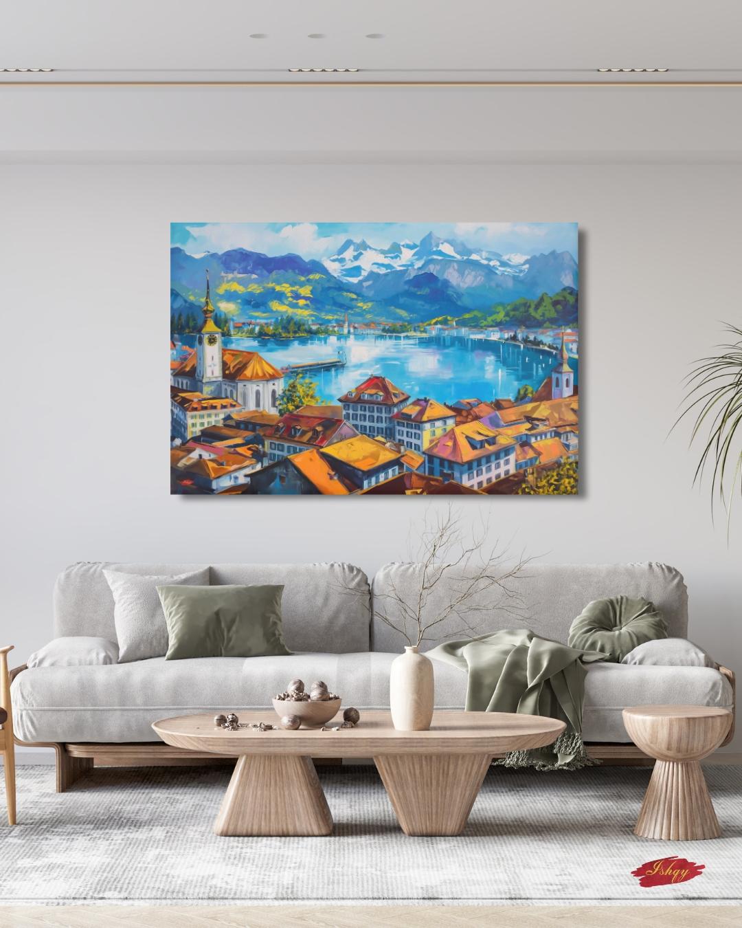 Lucerne Switzerland Cityscape Painting Canvas Framed Canvas, Lake Lucerne Art Print, Swiss Alps Large Wall Art For Living Room Office Decor