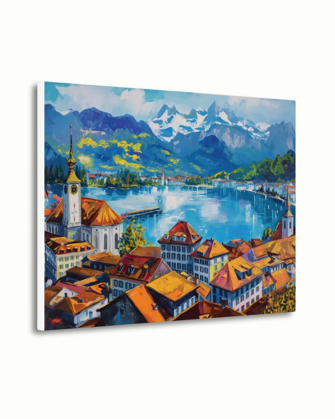 Lucerne Switzerland Cityscape Painting Canvas Framed Canvas, Lake Lucerne Art Print, Swiss Alps Large Wall Art For Living Room Office Decor
