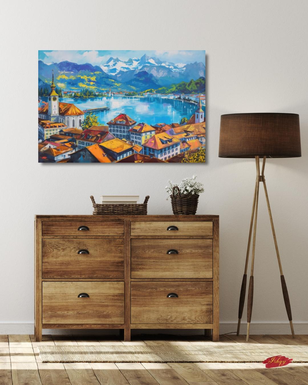 Lucerne Switzerland Cityscape Painting Canvas Framed Canvas, Lake Lucerne Art Print, Swiss Alps Large Wall Art For Living Room Office Decor