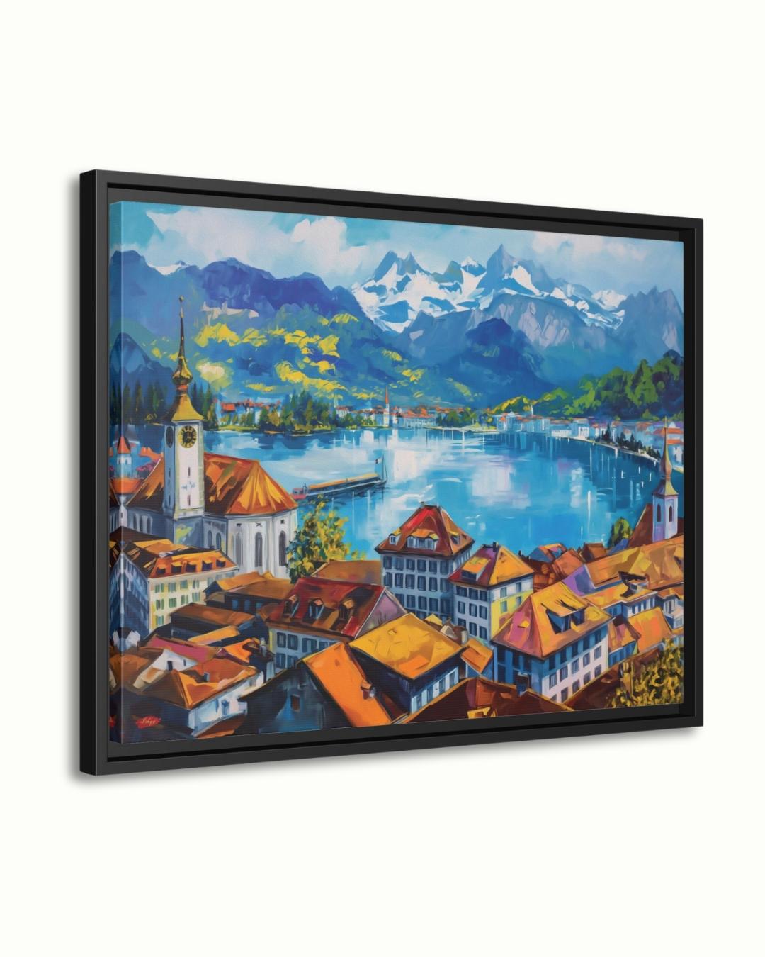 Lucerne Switzerland Cityscape Painting Canvas Framed Canvas, Lake Lucerne Art Print, Swiss Alps Large Wall Art For Living Room Office Decor