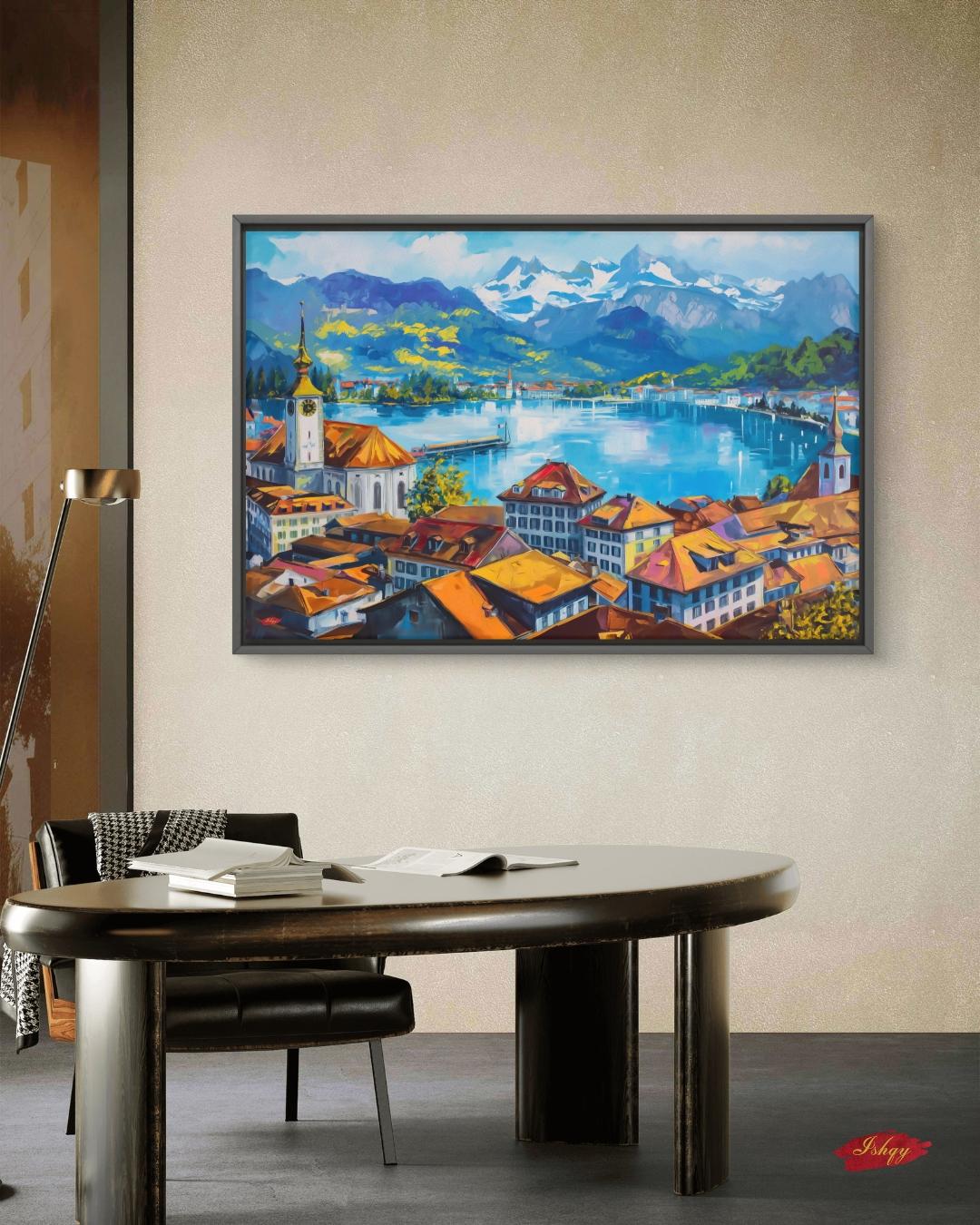 Lucerne Switzerland Cityscape Painting Canvas Framed Canvas, Lake Lucerne Art Print, Swiss Alps Large Wall Art For Living Room Office Decor