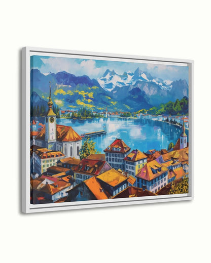 Lucerne Switzerland Cityscape Painting Canvas Framed Canvas, Lake Lucerne Art Print, Swiss Alps Large Wall Art For Living Room Office Decor