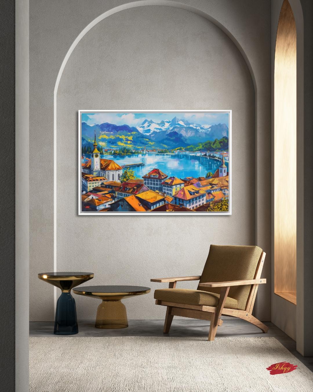 Lucerne Switzerland Cityscape Painting Canvas Framed Canvas, Lake Lucerne Art Print, Swiss Alps Large Wall Art For Living Room Office Decor